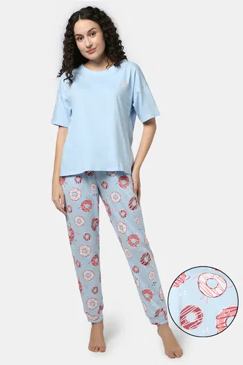 Buy Rosaline Sugar Rush Knit Cotton Pyjama Set - Harbor Blue